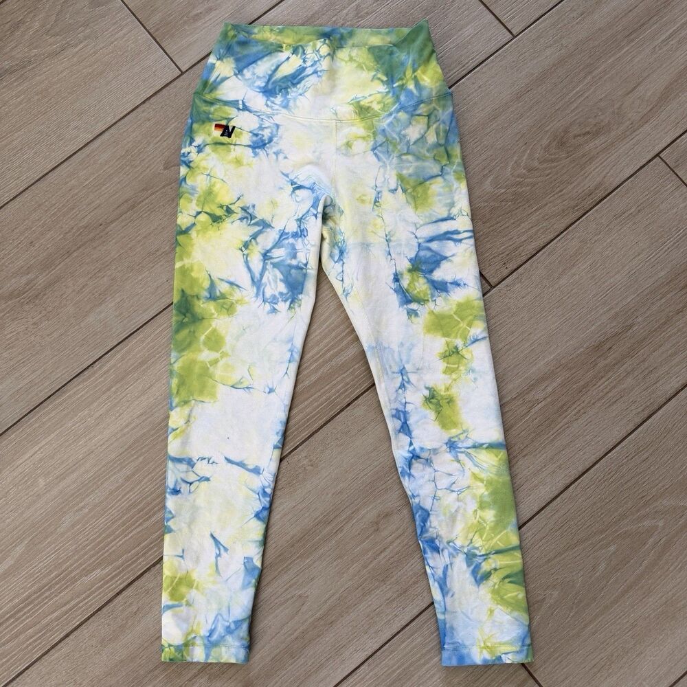 Aviator Nation Tie Dye Leggings High Waist Green Blue AV Logo Made in CA SMALL